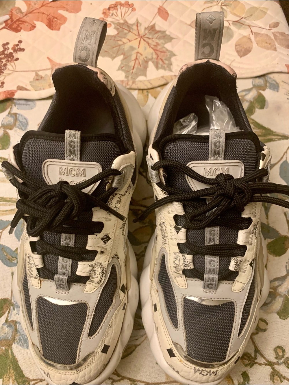 MCM White Black Gray Leather Athletic Sneakers
